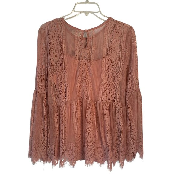 ULTRA Pink Solid Pink 100% Lace Peplum-Waist Lined Long Bell Sleeve Blouse NWT L - Picture 9 of 10